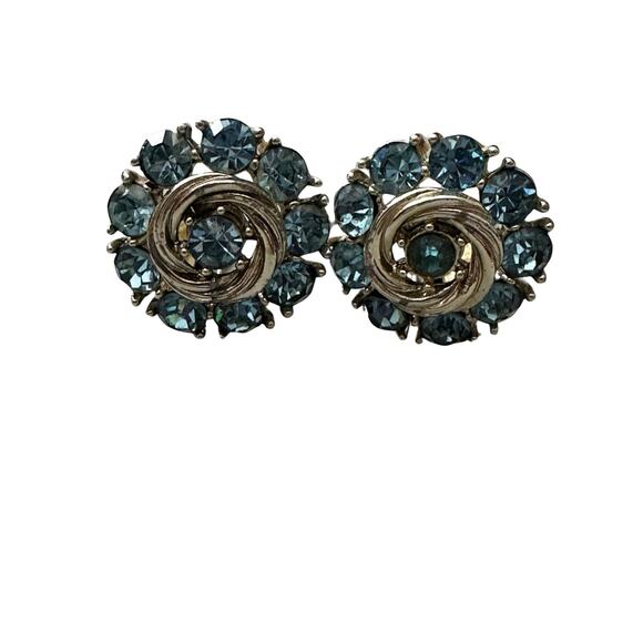Vintage Lisner Blue Rhinestone Clip On Earrings - Picture 1 of 5